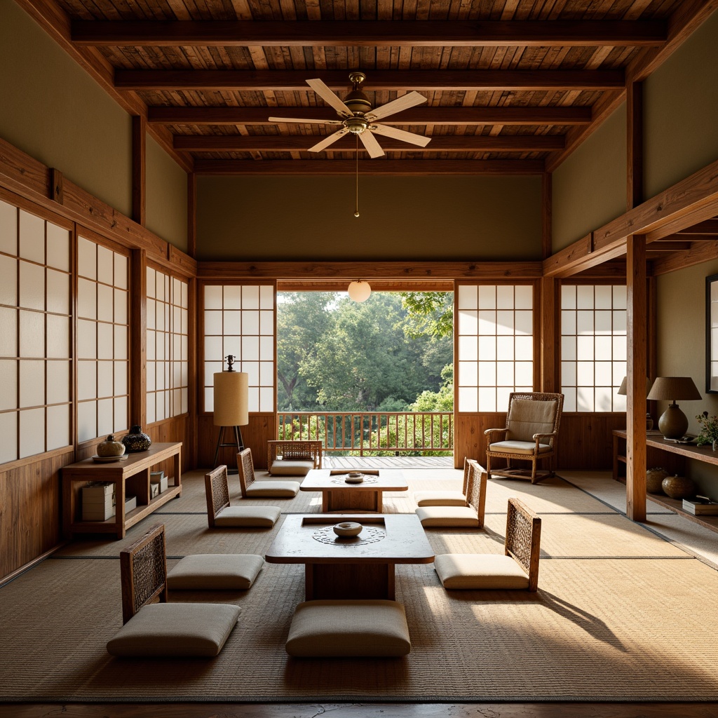 Prompt: Traditional Japanese tea house, serene ambiance, natural wood tones, woven bamboo furniture, paper lanterns, sliding shoji doors, low seating platforms, plush cushions, ornate wooden carvings, subtle lighting, soft shadows, warm earthy colors, minimal ornamentation, harmonious balance, 1/2 composition, soft focus, realistic textures, ambient occlusion.