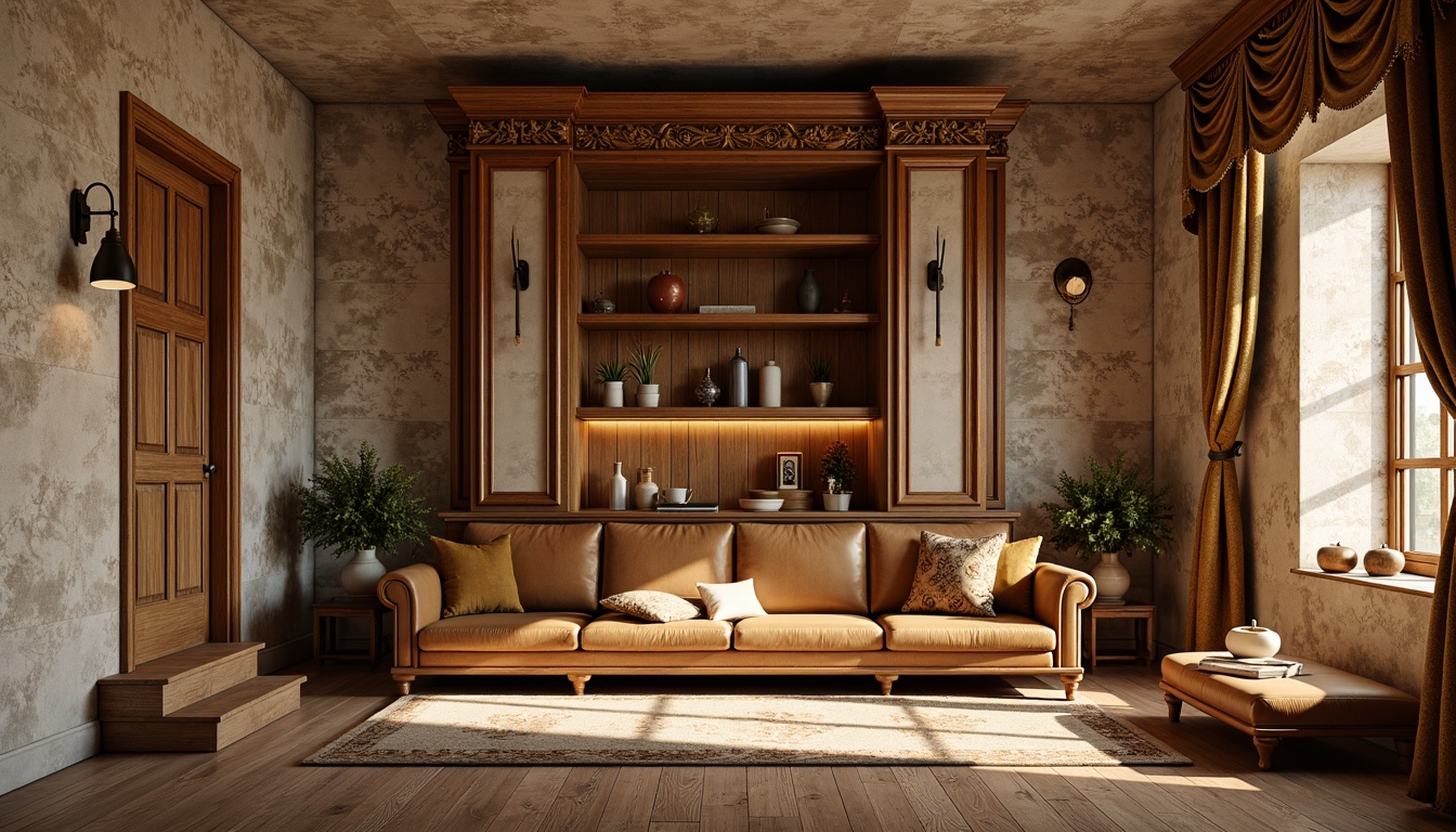 Prompt: Rustic stone walls, distressed wooden planks, warm beige stucco, ornate plaster moldings, richly patterned tapestries, luxurious velvet drapes, intricately carved wooden panels, antique bronze hardware, soft golden lighting, shallow depth of field, 2/3 composition, warm color palette, natural textures, ambient occlusion.