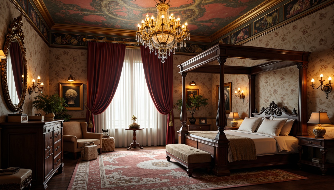 Prompt: Richly ornamented chandelier, golden accents, crystal droplets, velvet drapes, majestic four-poster bed, intricately carved wooden furniture, ornate mirrors, soft warm glow, subtle shadowing, dramatic ceiling height, lavish textiles, plush area rug, Baroque-inspired wall art, whimsical kid-friendly decor, fantasy-themed accessories, vibrant colorful palette, mystical ambiance, enchanting atmosphere, 1/2 composition, shallow depth of field, realistic lighting effects.