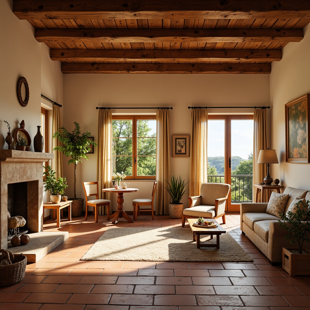 Prompt: Earthy terracotta tiles, warm beige color, rustic texture, traditional Mediterranean style, classic interior design, cozy living rooms, vintage furniture, natural stone walls, wooden beams, sunny windows, soft warm lighting, shallow depth of field, 1/1 composition, realistic textures, ambient occlusion.