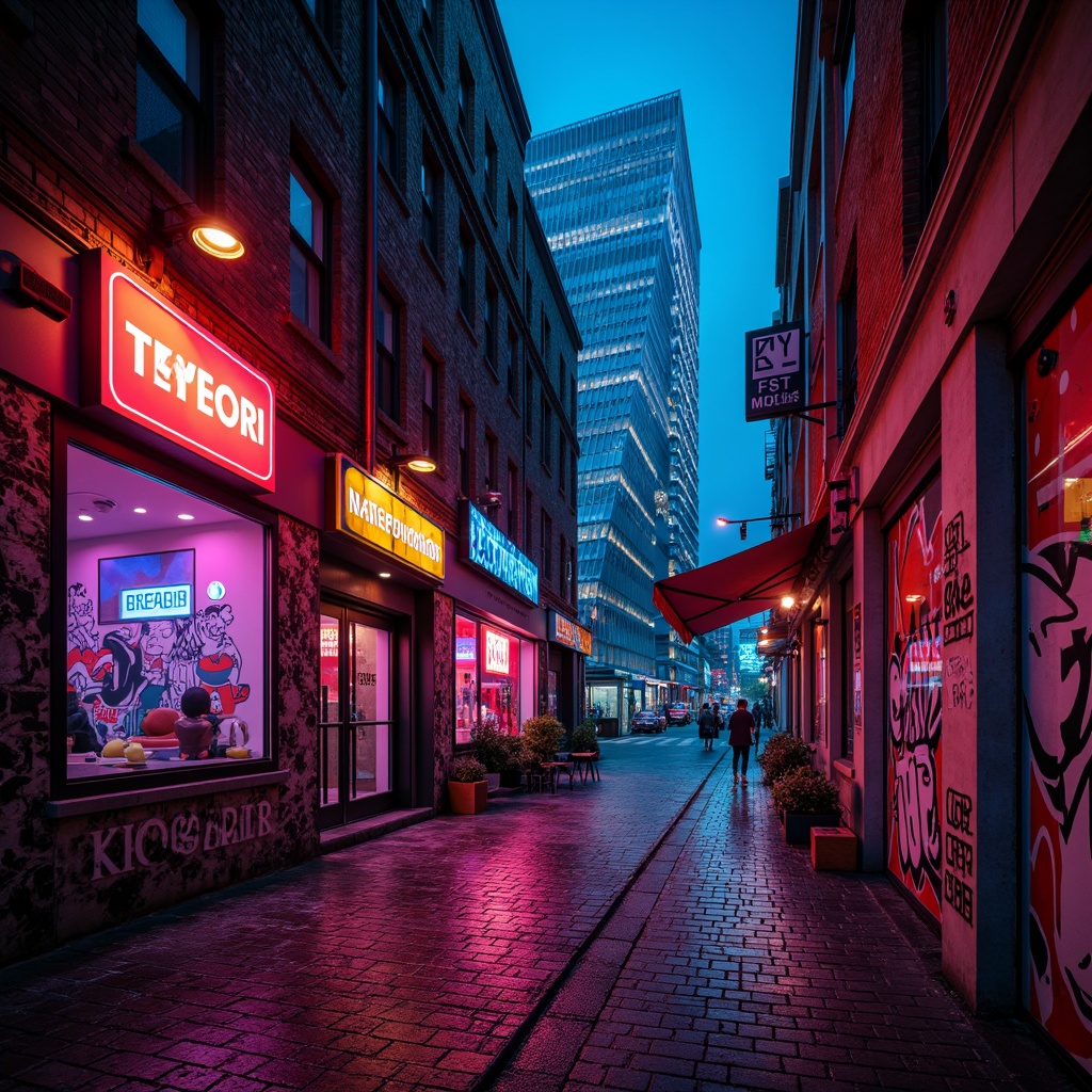 Prompt: Vibrant neon lights, dark mysterious alleys, bold graffiti murals, urban cityscape, rugged stone walls, edgy metal accents, dramatic shadows, high-contrast color scheme, futuristic architecture, sleek skyscrapers, abstract geometric patterns, bold typography, dynamic reflections, intense ambient lighting, cinematic composition, shallow depth of field, 1/2.35 aspect ratio, realistic textures, atmospheric fog effects.