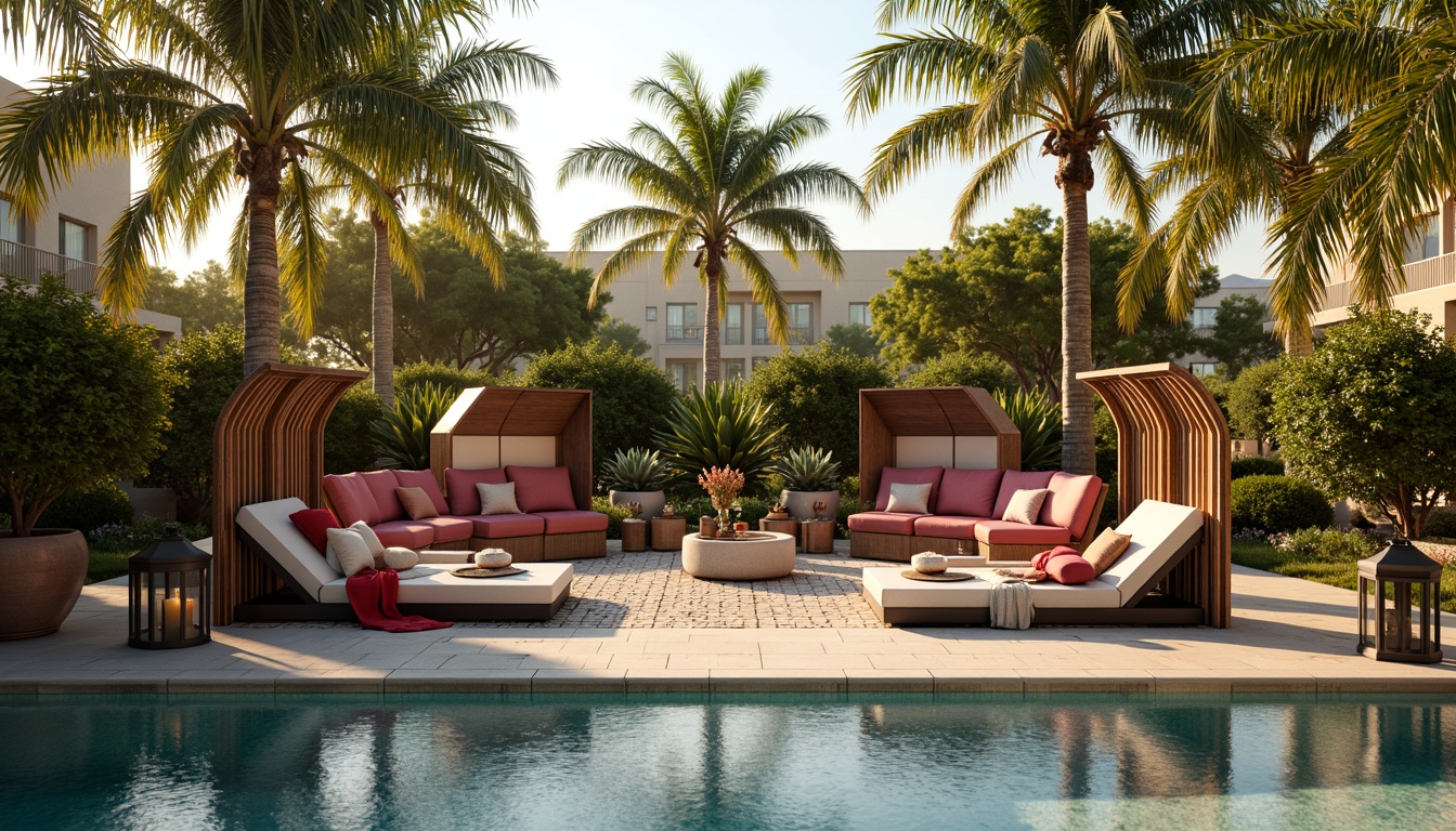 Prompt: Luxurious poolside furniture, Art Deco inspired designs, geometric metal frames, velvet upholstery, ornate wooden accents, bold color schemes, sun loungers with canopies, curved benches, decorative lanterns, mosaic tile tables, luxurious outdoor fabrics, vintage-inspired accessories, tropical plants, palm trees, sunny day, warm golden lighting, shallow depth of field, 1/2 composition, realistic reflections.