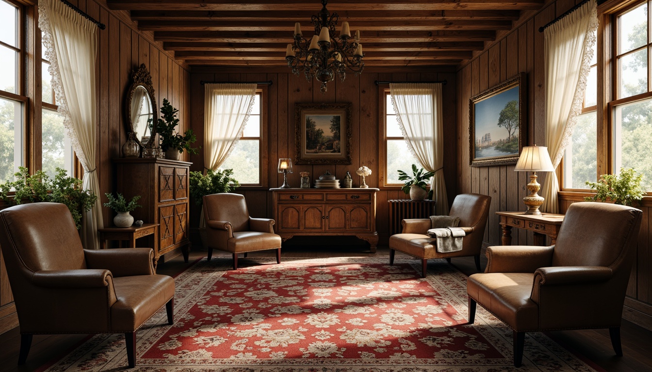 Prompt: Distressed wooden furniture, ornate metalware, antique collectibles, vintage rugs, floral patterned fabrics, lace curtains, rustic candle holders, mercury glass vases, distressed leather armchairs, aged bronze hardware, soft warm lighting, 1/1 composition, shallow depth of field, realistic textures, warm color palette.