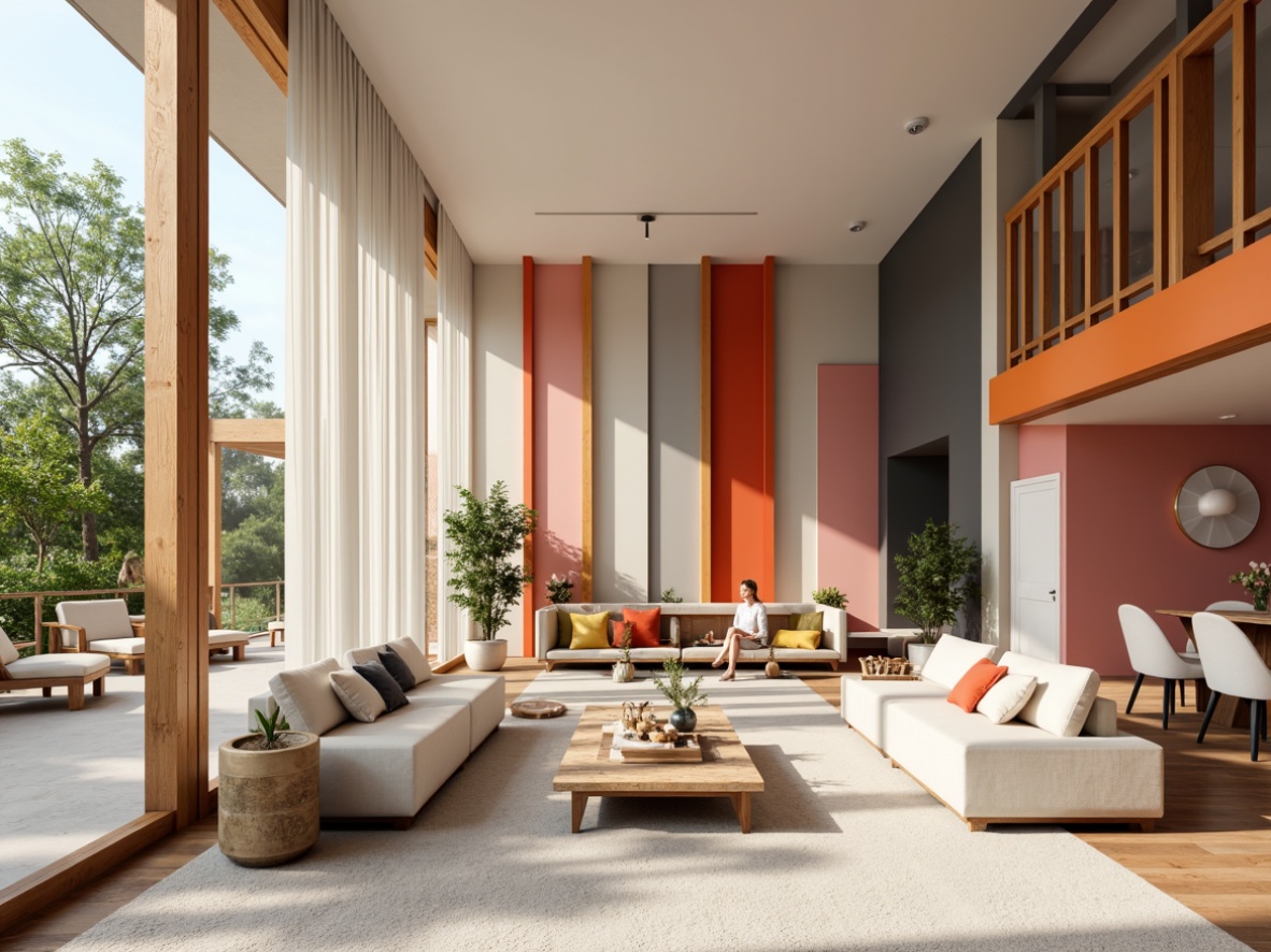 Prompt: Vibrant modern interior, trendy color scheme, bold accent walls, pastel hues, soft neutrals, luxurious gold accents, sleek metal fixtures, minimalist decor, abundant natural light, airy open space, 3/4 composition, warm atmospheric lighting, realistic textures, ambient occlusion.