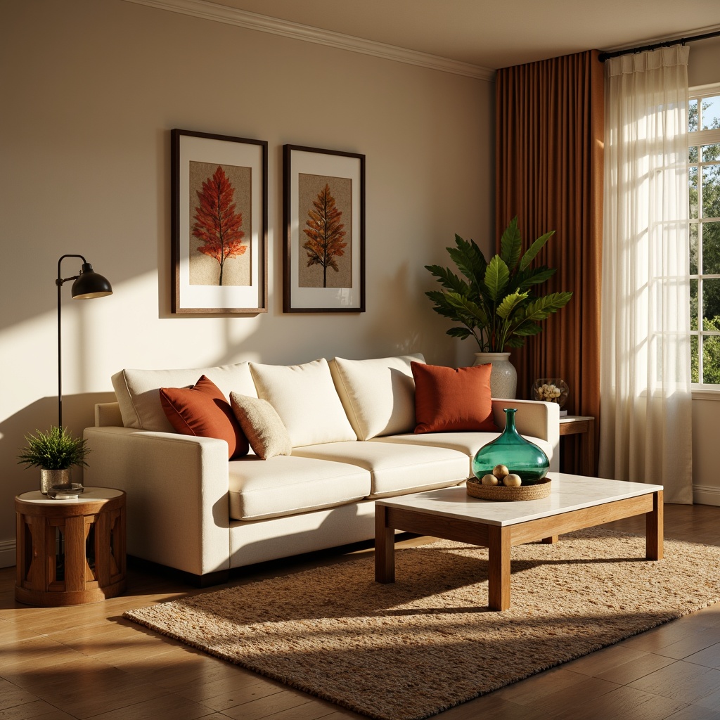 Prompt: Cozy living room, warm beige walls, plush cream-colored sofa, rich walnut wood furniture, soft golden lighting, natural fiber rugs, earthy terracotta accents, vibrant turquoise decorative accessories, elegant marble coffee table, lush greenery, calm atmosphere, shallow depth of field, 1/1 composition, realistic textures, ambient occlusion.