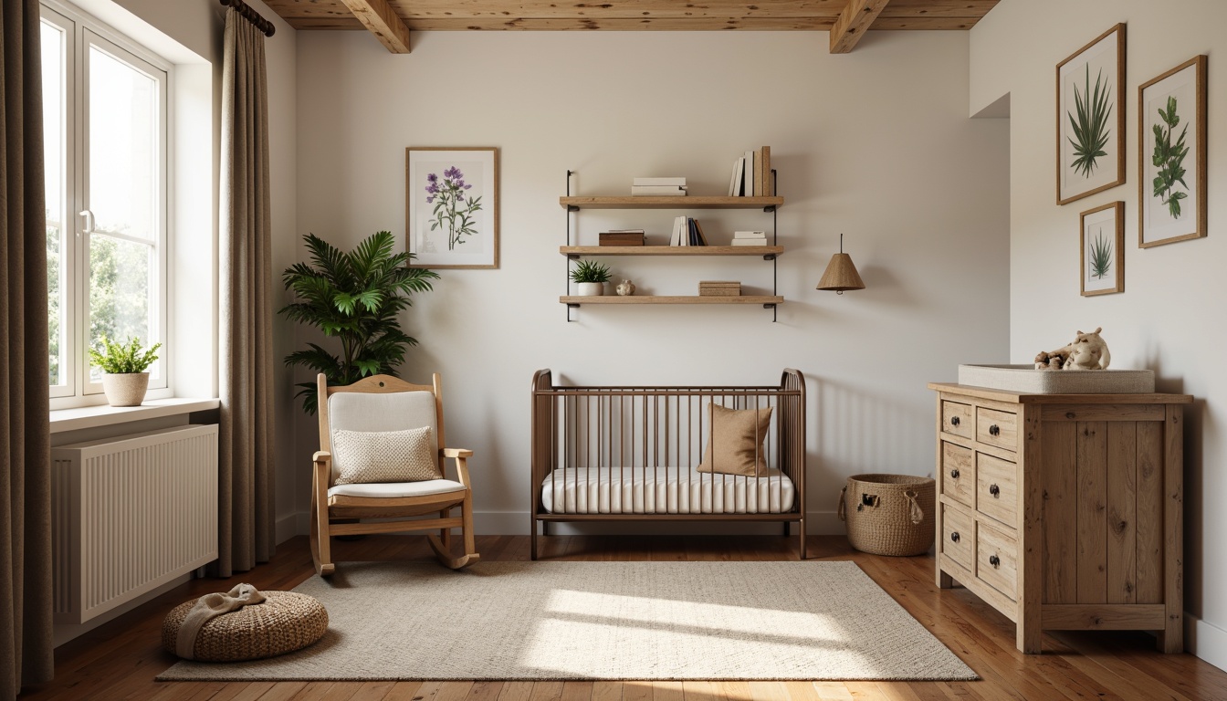 Prompt: Rustic baby nursery, wooden crib, vintage metal frame, distressed wood changing table, woven wicker rocking chair, plush area rug, natural fiber curtains, earthy color palette, botanical prints, reclaimed wood shelves, soft warm lighting, cozy reading nook, comfortable glider, antique-inspired furniture pieces, nature-themed wall art, organic fabric textiles, creamy white walls, wooden floorboards, 3/4 composition, intimate atmosphere.