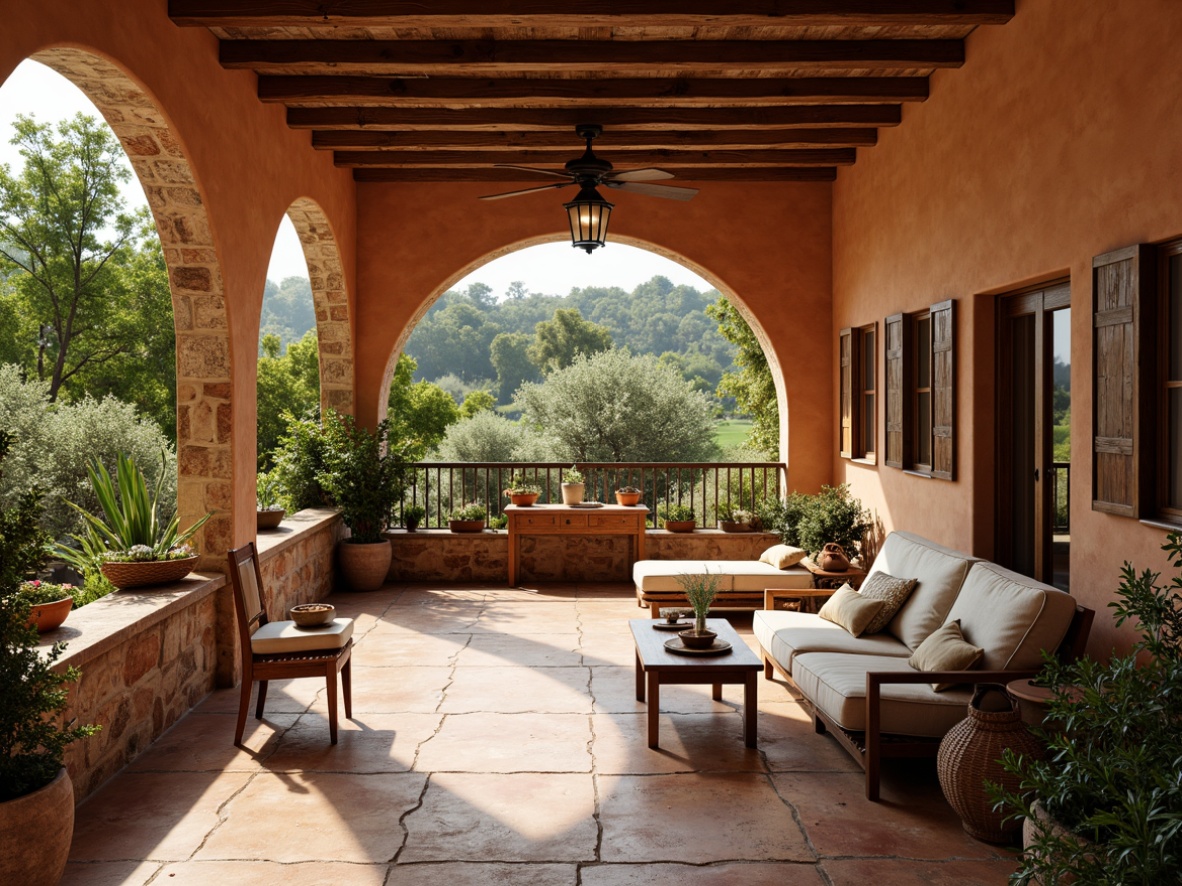 Prompt: Warm Mediterranean villa, rustic terracotta tiles, earthy color palette, distressed wooden beams, vintage furniture, ornate metalwork, lush greenery, natural stone walls, arched windows, soft warm lighting, shallow depth of field, 3/4 composition, realistic textures, ambient occlusion.