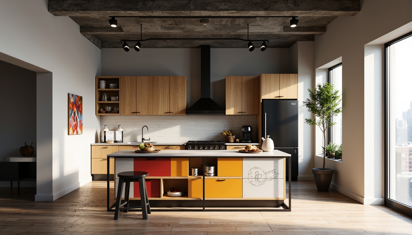 Prompt: Clean-lined kitchen island, minimalist cabinetry, industrial metal legs, functional simplicity, rectangular shapes, primary color accents, geometric patterns, oak wood countertops, matte black appliances, chrome hardware, adjustable track lighting, natural light pouring in, urban loft atmosphere, 1/1 composition, sharp shadows, high-contrast rendering.