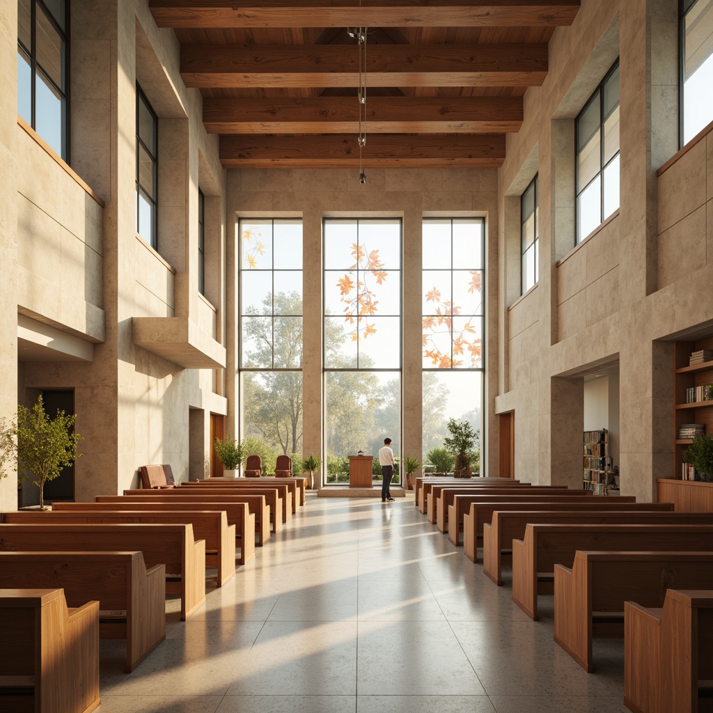 Prompt: Streamlined Modern Church interior, minimalistic decor, soft natural light, wooden accents, sleek lines, geometric patterns, abstract stained glass windows, neutral color palette, textured concrete walls, floating shelves, modern pulpits, minimalist altars, ambient lighting, 1/1 composition, shallow depth of field, warm beige tones, subtle texture overlays.