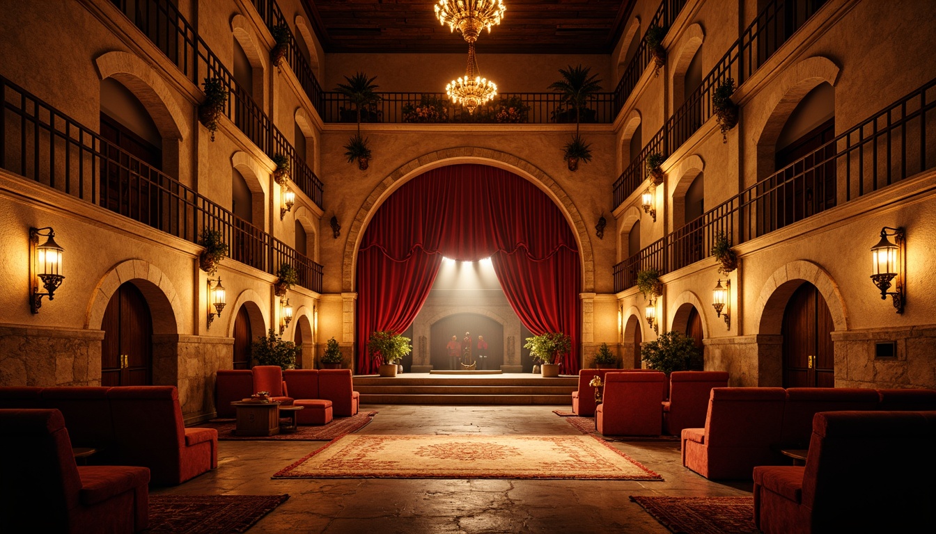 Prompt: Renaissance-style amphitheater, warm golden lighting, soft spotlighting, rustic stone walls, ornate metal fixtures, grandiose chandeliers, vibrant red velvet curtains, richly patterned rugs, tiered seating areas, intimate stage settings, dramatic archways, mystical lanterns, ambient candlelight, warm color temperatures, high contrast ratios, cinematic lighting effects, 3-point lighting setups, softbox diffusion, subtle gradient maps, realistic shadow casting.