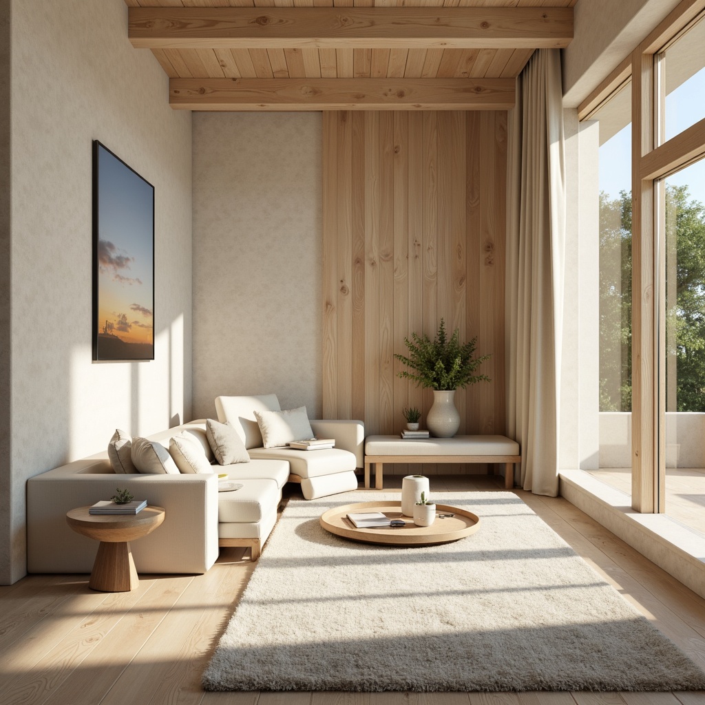 Prompt: Soothing interior space, neutral color scheme, calming atmosphere, natural textures, wooden accents, soft beige walls, creamy white furniture, subtle gray undertones, plush area rugs, minimal ornamentation, serene ambiance, warm diffused lighting, shallow depth of field, 1/1 composition, realistic render, ambient occlusion, cozy reading nook, comfortable seating areas, peaceful environment.