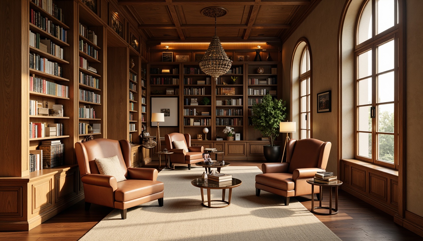 Prompt: Rich wood tones, earthy brown furniture, subtle beige walls, warm golden lighting, cozy reading nooks, plush velvet armchairs, vintage leather-bound books, elegant glass tables, sophisticated academic atmosphere, serene study areas, minimalist decor, neutral color palette, soft creamy textures, natural fiber rugs, floor-to-ceiling bookshelves, classic educational settings, warm afternoon sunlight, shallow depth of field, 1/1 composition, realistic renderings.