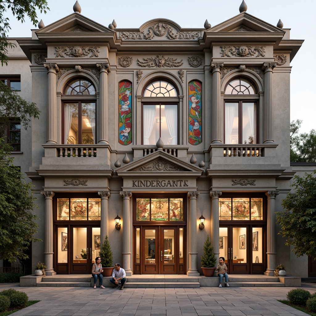 Prompt: Ornate kindergarten building, classicism style, Corinthian columns, carved stone facades, decorative pediments, symmetrical architecture, grand entrance, wooden doors, brass door handles, stained glass windows, colorful ceramic tiles, playful murals, whimsical sculptures, natural stone flooring, soft warm lighting, shallow depth of field, 1/1 composition, frontal view, realistic textures, ambient occlusion.Please let me know if this meets your expectations!