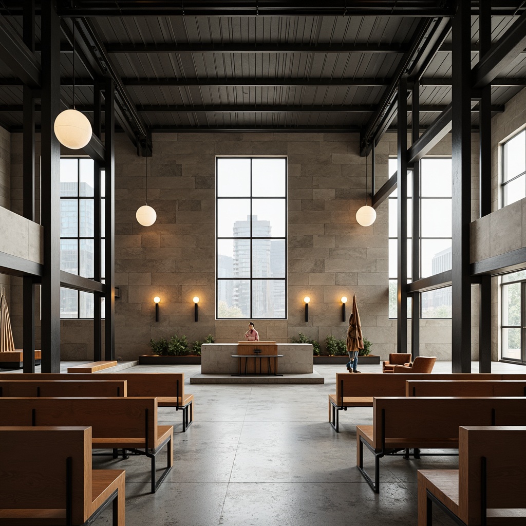 Prompt: Minimalist worship space, industrial chic aesthetic, steel beams, polished concrete floors, geometric pews, angular wooden benches, minimalist altars, modernist chandeliers, abstract stained glass windows, brutalist architecture, functional simplicity, clean lines, monochromatic color scheme, bold typography, natural light pouring in, high ceilings, open spaces, communal seating areas, sleek metal chairs, tubular steel frames, leather upholstery, geometric patterns, sacred symbols, subtle texture contrasts, warm ambient lighting, shallow depth of field, 2/3 composition.