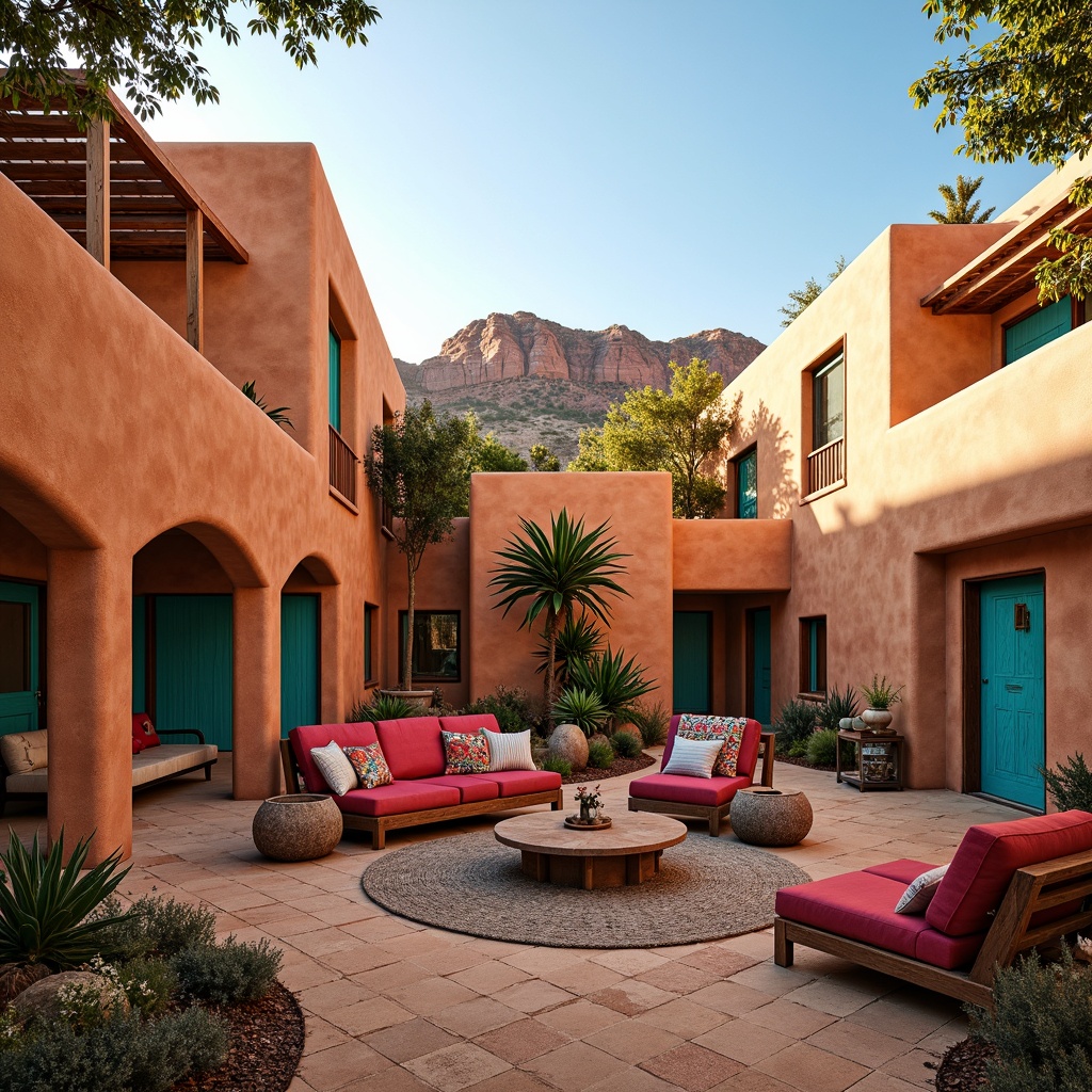 Prompt: Vibrant adobe buildings, earthy terracotta walls, turquoise accents, sandy beige floors, rustic wooden furniture, woven Native American textiles, colorful geometric patterns, warm golden lighting, intimate courtyard spaces, lush cactus gardens, arid desert landscapes, clear blue skies, dramatic rock formations, bold red canyon inspirations, natural stone fireplaces, cozy plush furnishings, eclectic global decor, warm inviting ambiance, soft warm color scheme, 1/1 composition, shallow depth of field, realistic textures.