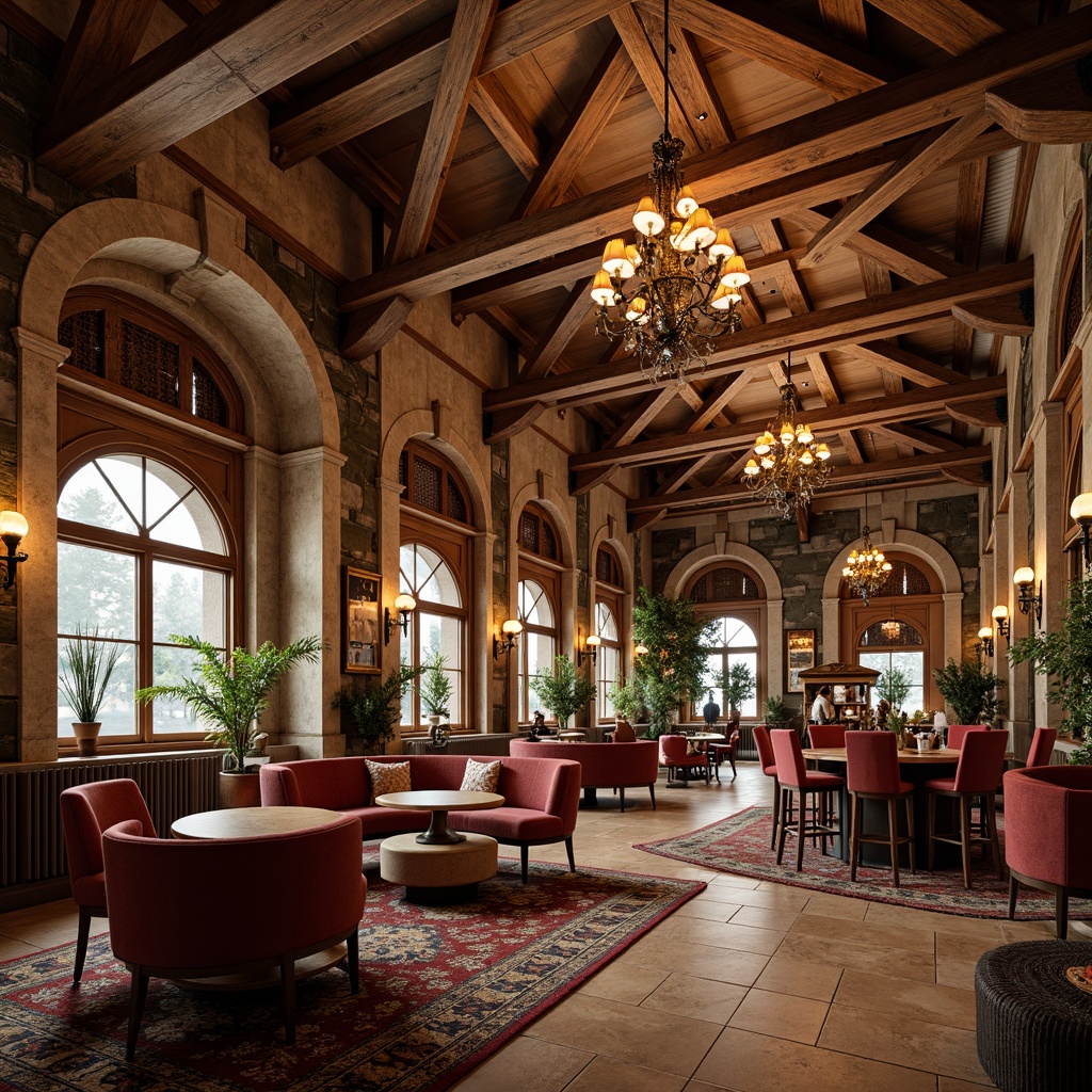 Prompt: Rustic casino interior, French country chic decor, distressed wood accents, stone walls, ornate chandeliers, rich velvet fabrics, golden lighting fixtures, lavish furnishings, spacious open areas, grand high ceilings, elegant archways, natural stone floors, warm earthy tones, soft diffused lighting, 1/1 composition, atmospheric ambiance, realistic textures.