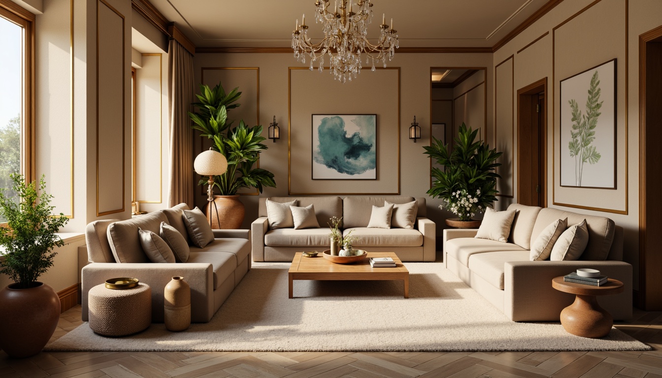 Prompt: Rich velvet sofas, warm beige walls, luxurious gold accents, soft cream carpets, elegant crystal chandeliers, natural wood furniture, calming blue-green artwork, earthy terracotta vases, refined bronze hardware, plush throw pillows, subtle texture contrasts, cozy atmospheric lighting, 1/1 composition, intimate room scale, inviting warmth ambiance.