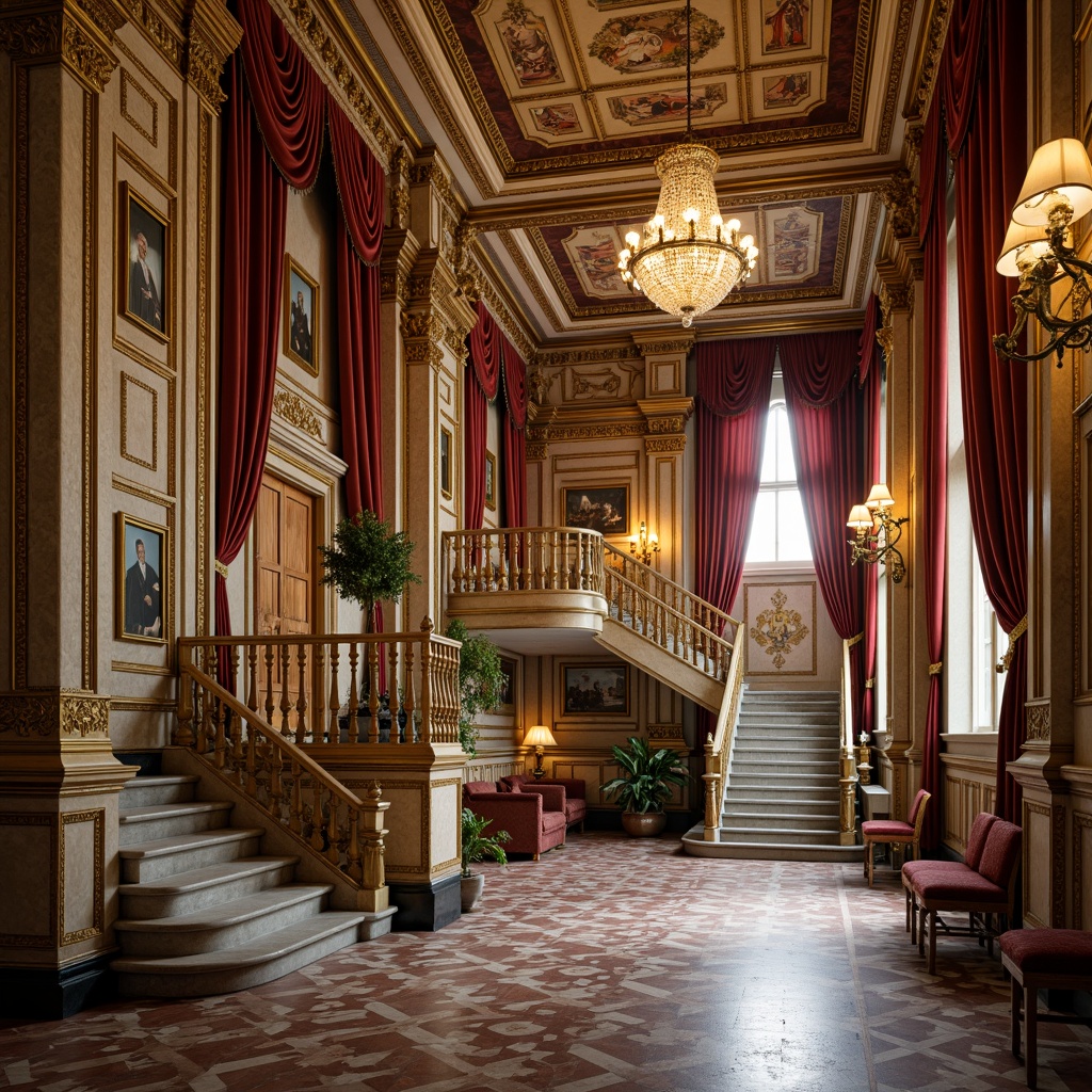 Prompt: Ornate museum interior, Renaissance-style architecture, grand staircase, marble flooring, intricate moldings, lavish chandeliers, ornamental frescoes, rich velvet drapes, gilded frames, antique furnishings, luxurious fabrics, warm golden lighting, shallow depth of field, 1/1 composition, realistic textures, ambient occlusion, subtle color palette, elegant symmetry.