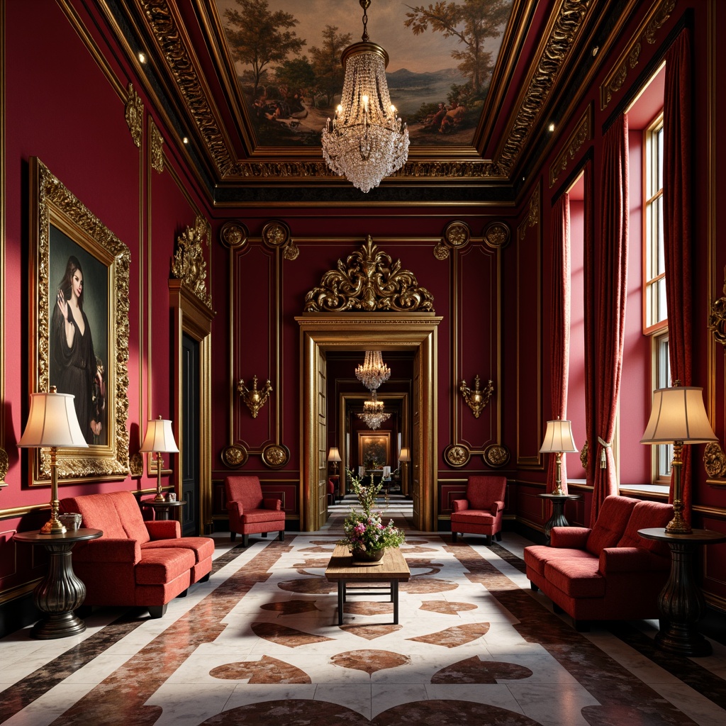 Prompt: Luxurious velvet drapes, ornate golden frames, rich jewel-toned walls, intricate marble flooring, lavish crystal chandeliers, sumptuous silk upholstery, dramatic crimson accents, opulent bronze fixtures, elaborate fresco ceilings, soft warm candlelight, 1/1 composition, shallow depth of field, realistic textures, ambient occlusion.