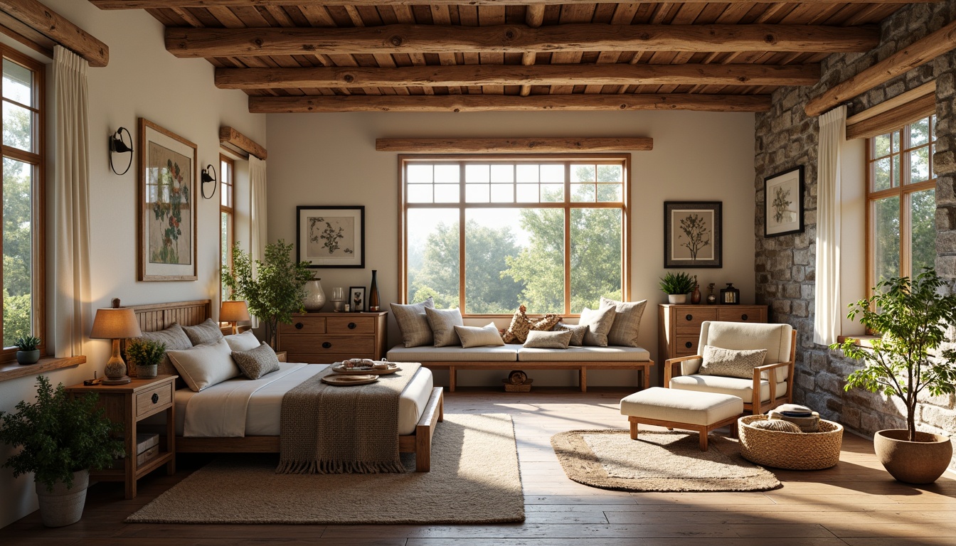 Prompt: Rustic farmhouse bedroom, vintage wooden furniture, distressed finishes, natural fabrics, plush area rugs, earthy tones, soft warm lighting, cozy reading nook, antique metal frames, woven baskets, potted greenery, floral patterns, soft pastel colors, country-inspired decor, wooden beam ceiling, stone walls, oversized windows, gentle morning light, 1/1 composition, intimate atmosphere, realistic textures.