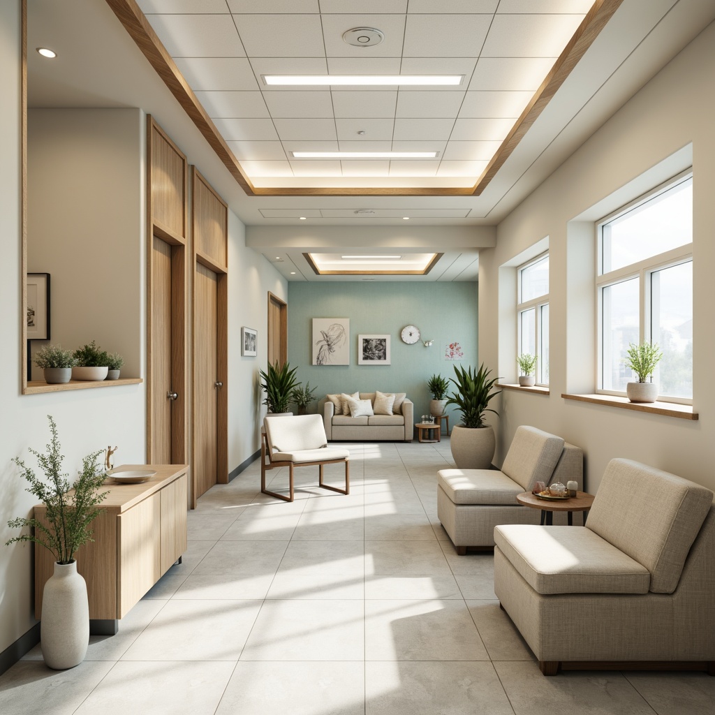 Prompt: Calming medical clinic, soft pastel colors, gentle beige tones, soothing blue hues, natural wood accents, creamy whites, warm earthy shades, minimalist design, modern furniture, sleek metal equipment, subtle patterned textiles, ambient lighting, shallow depth of field, 1/1 composition, realistic renderings.