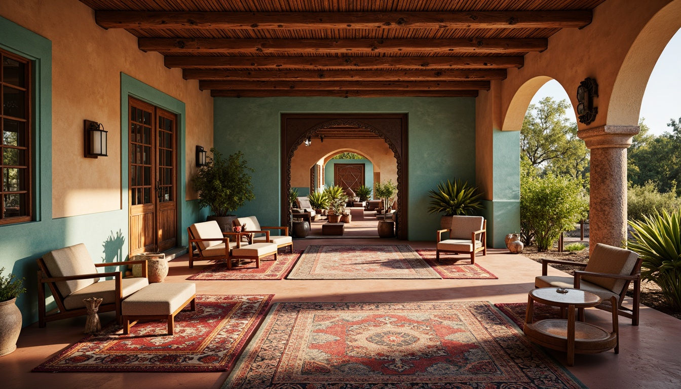 Prompt: Richly patterned rugs, warm terracotta flooring, earthy adobe walls, vibrant turquoise accents, intricately carved wooden doors, ornate metalwork details, lush greenery, natural stone columns, rustic wooden beams, colorful ceramic tiles, woven textiles, ambient warm lighting, shallow depth of field, 3/4 composition, panoramic view, realistic textures, ambient occlusion.