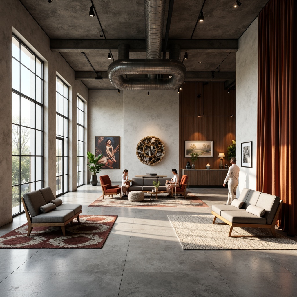 Prompt: Elegant gallery space, neutral color palette, minimalist decor, polished concrete floors, exposed ductwork ceilings, industrial metal beams, reclaimed wood accent walls, geometric patterned rugs, modern track lighting, floor-to-ceiling windows, natural light pouring in, soft warm ambiance, shallow depth of field, 1/2 composition, realistic textures, ambient occlusion, artistic display fixtures, contemporary sculptures, abstract paintings, eclectic furniture pieces, luxurious velvet drapes, subtle texture contrasts.