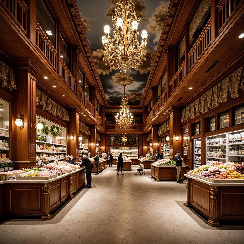 Prompt: Luxurious grocery store interior, ornate Baroque details, rich wood tones, polished marble floors, intricately carved wooden paneling, gilded accents, crystal chandeliers, velvet drapes, lavish furnishings, ornamental mirrors, frescoed ceilings, warm golden lighting, soft focus photography, shallow depth of field, 1/2 composition, realistic textures, ambient occlusion.