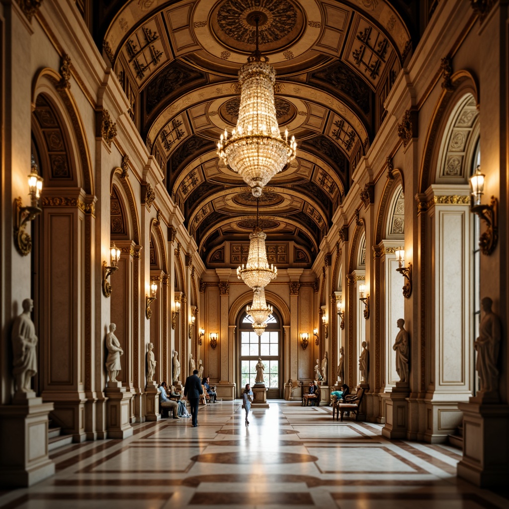 Prompt: Ornate grand hall, high ceilings, crystal chandeliers, marble floors, ornamental columns, intricate carvings, gilded details, classical statues, symmetrical composition, warm golden lighting, shallow depth of field, 2/3 composition, realistic textures, ambient occlusion, soft focus effect.