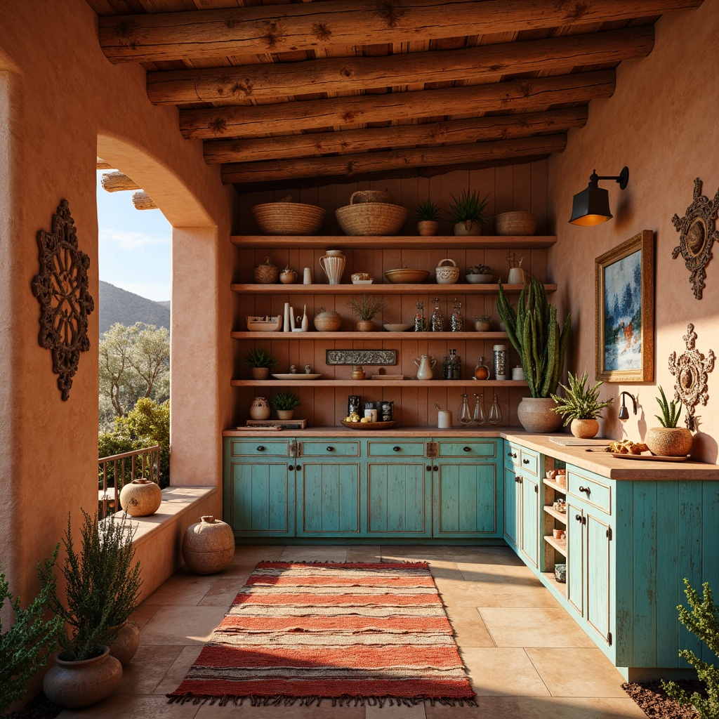 Prompt: Southwestern-style pantry, rustic wooden cabinetry, warm earthy tones, turquoise accents, woven textiles, geometric patterns, natural stone countertops, distressed wood finishes, ornate metal hardware, vibrant red and orange hues, desert botanicals, cactus silhouettes, warm sunny lighting, shallow depth of field, 1/1 composition, realistic wood grains, ambient occlusion.