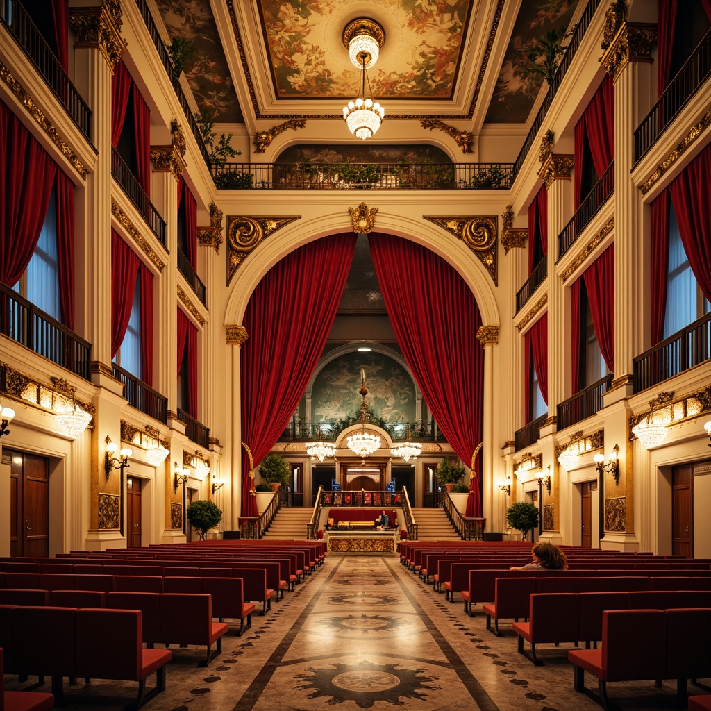 Prompt: Opulent opera house, grandiose columns, ornate moldings, gilded details, rich velvet drapes, majestic staircases, intricate frescoes, marble floors, crystal chandeliers, warm golden lighting, soft focus, shallow depth of field, 2/3 composition, symmetrical framing, vibrant color palette, rich reds, deep blues, creamy whites, luxurious fabrics, antique furniture, elegant balconies, grand entrance halls, sweeping archways.