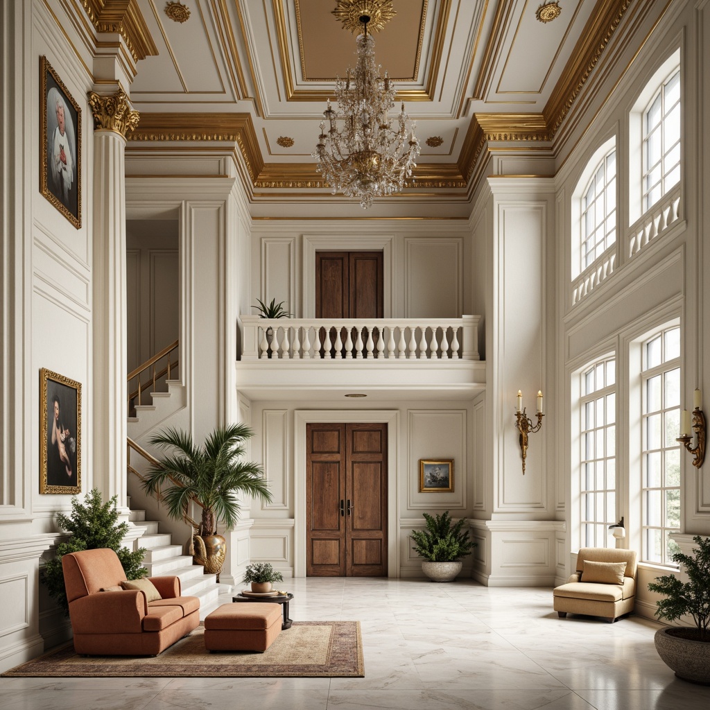 Prompt: Elegant interior space, neoclassical architecture, creamy whites, soft grays, warm beiges, rich wood tones, ornate moldings, gilded accents, crystal chandeliers, velvet upholstery, intricate patterns, marble floors, columns, arches, grand staircases, natural light, soft shadows, 1/1 composition, realistic textures, ambient occlusion.