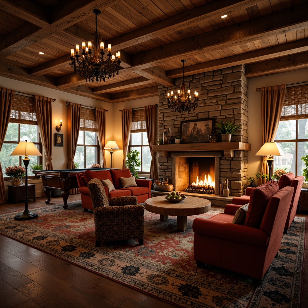 Prompt: Cozy game room, rustic wooden beams, stone fireplace, warm candlelight, soft golden glow, vintage metal chandeliers, distressed finishes, natural textiles, woven baskets, plush velvet armchairs, ornate wooden furniture, rich tapestries, warm earthy tones, ambient lighting, table lamps, floor lamps, warm color palette, intimate setting, rustic charm, French country flair, relaxed atmosphere, soft shadows, 3/4 composition, realistic textures, subtle warm highlights.