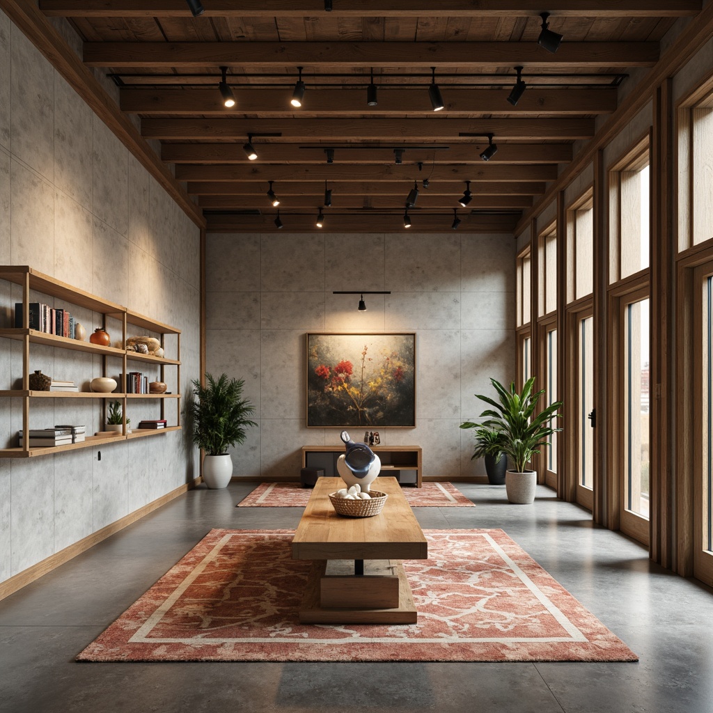 Prompt: Elegant academic gallery, neutral color palette, textured wall finishes, wooden accent walls, minimalist shelves, track lighting systems, modern art pieces, geometric patterned rugs, polished concrete floors, industrial chic decor, reclaimed wood accents, rustic metal frames, soft warm lighting, shallow depth of field, 1/1 composition, realistic textures, ambient occlusion.