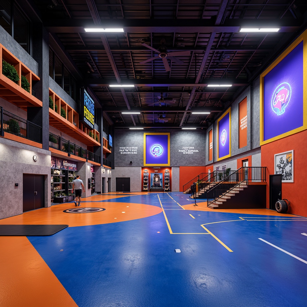 Prompt: Modern gymnasium interior, bold color accents, geometric patterns, textured wall finishes, industrial-style lighting, metallic surfaces, minimalist decor, sleek lines, functional shelving units, athletic equipment displays, motivational quotes, dynamic LED installations, urban-inspired graffiti, abstract art pieces, sound-absorbing panels, acoustic treatments, vibrant neon signage, 3/4 composition, shallow depth of field, realistic textures, ambient occlusion.