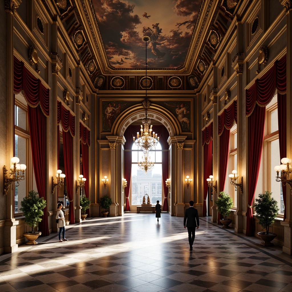 Prompt: Grand museum entrance, ornate Baroque details, gilded frames, marble flooring, velvet drapes, crystal chandeliers, intricately carved wooden panels, Renaissance-inspired frescoes, high ceilings, arched windows, richly textured fabrics, warm golden lighting, subtle shadows, 1/1 composition, dramatic focal point, realistic reflections, ambient occlusion.