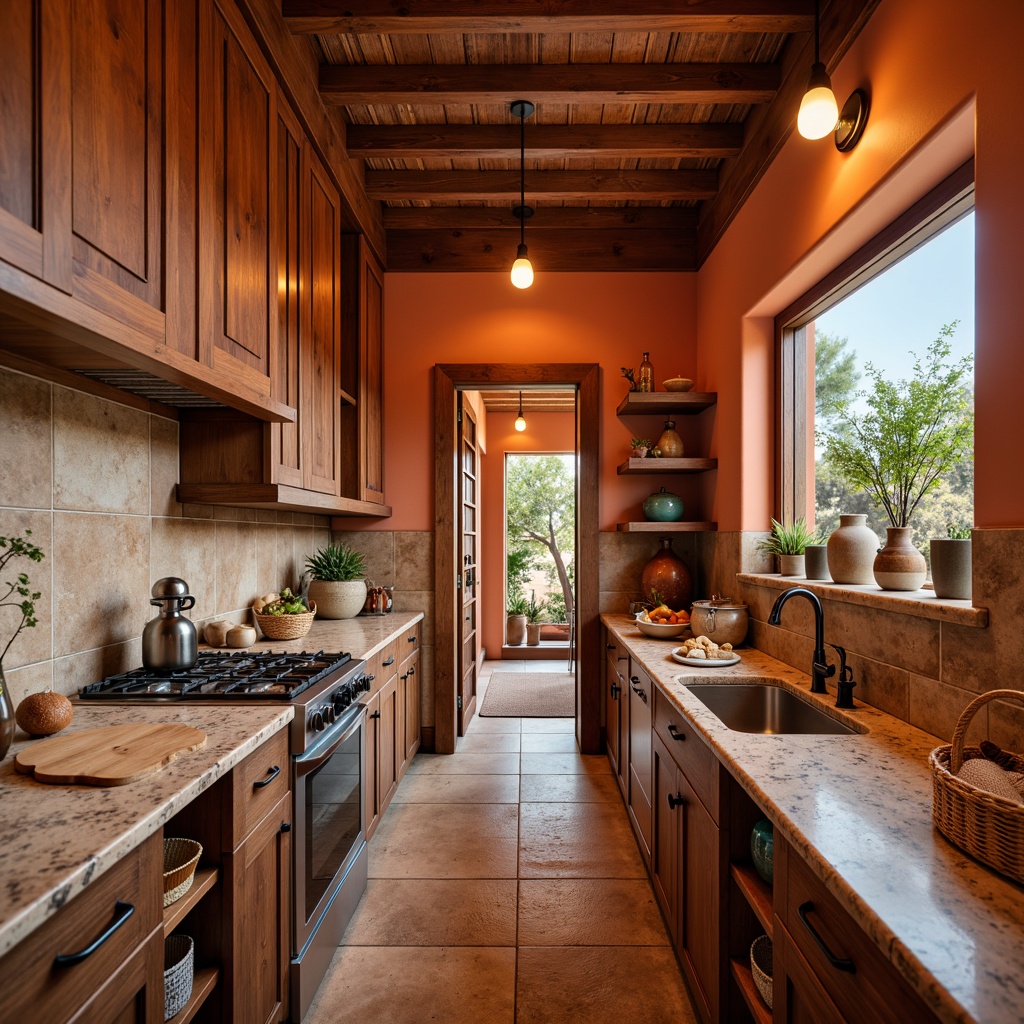 Prompt: Vibrant southwestern pantry, warm terracotta walls, rustic wooden cabinets, earthy ceramic tiles, natural stone countertops, rich brown granite, warm beige quartz, bold turquoise accents, woven basket storage, pendant lighting, soft warm glow, shallow depth of field, 1/1 composition, realistic textures, ambient occlusion.