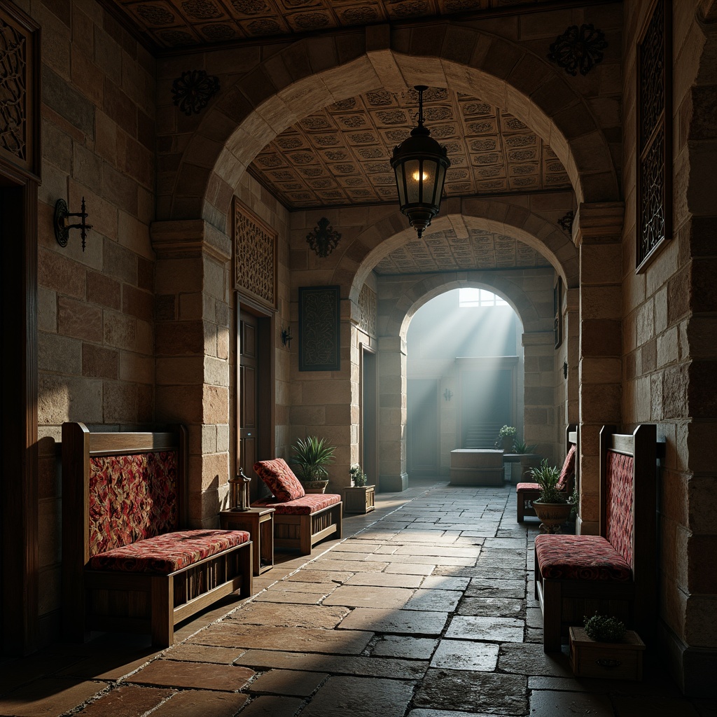 Prompt: Intricate archways, ornate stone carvings, grand entrance halls, rustic mudroom floors, weathered wooden benches, vintage metal lanterns, mysterious dark tones, foggy atmosphere, soft warm lighting, shallow depth of field, 1/2 composition, realistic textures, ambient occlusion, medieval-inspired furniture, luxurious velvet fabrics, rich brocade patterns.