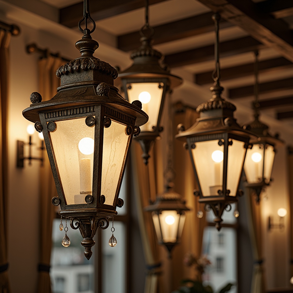 Prompt: Rustic wooden chandeliers, soft warm glow, ornate metalwork, distressed finishes, vintage-inspired lanterns, elegant crystal drops, creamy whites, warm beige tones, natural linen shades, ornamental ironwork, curved lines, classic European flair, cozy intimate ambiance, warm candlelight, ambient shadows, 1/2 composition, shallow depth of field, realistic textures.