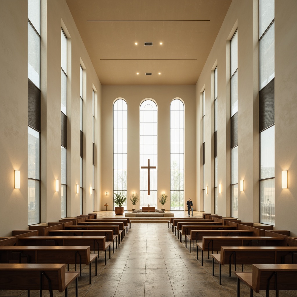 Prompt: Minimalist church interior, sleek modern architecture, cream-colored walls, subtle texture accents, natural stone flooring, warm ambient lighting, stained glass windows, geometric patterns, minimalist cross designs, clean lines, monochromatic color scheme, accent walls in soft gray, wooden pews with metal legs, floor-to-ceiling windows, dramatic vertical spaces, indirect lighting, 1/1 composition, realistic renderings, subtle reflections.