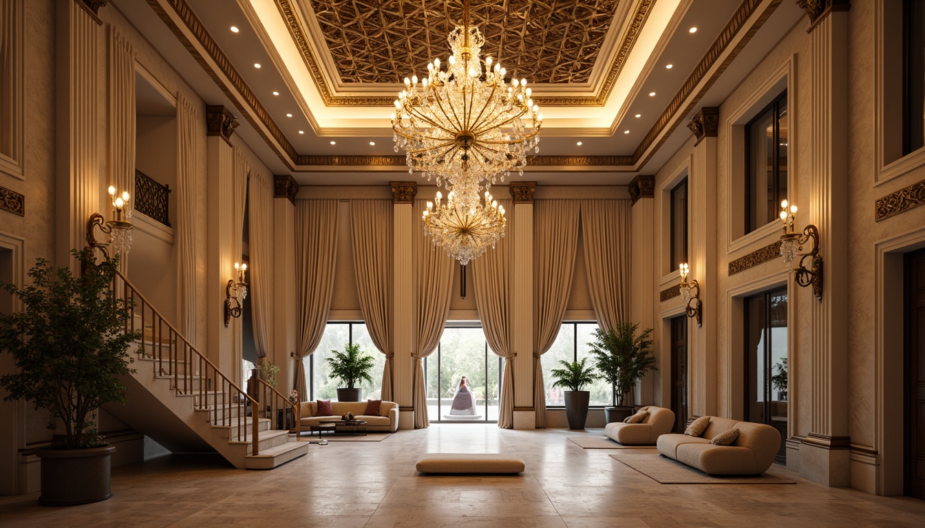 Prompt: Elegant chandeliers, ornate metalwork, crystal droplets, soft warm glow, grand ballrooms, high ceilings, marble floors, stately columns, intricate moldings, luxurious fabrics, rich wood tones, refined furnishings, subtle color palette, warm beige walls, decorative archways, classical sculptures, ornamental mirrors, lavish drapery, majestic staircases, dramatic uplighting, 1/2 composition, shallow depth of field, soft focus, realistic textures.