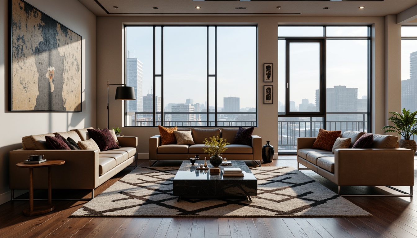 Prompt: Modern living room, sleek lines, minimalist decor, low-profile sofas, tufted velvet upholstery, polished chrome legs, geometric-patterned rugs, floor-to-ceiling windows, urban skyline views, warm LED lighting, 3/4 composition, shallow depth of field, natural wood accents, industrial-chic coffee tables, abstract artwork, Scandinavian-inspired design, matte black finishes, luxurious marble countertops, plush throw blankets, vibrant accent pillows.