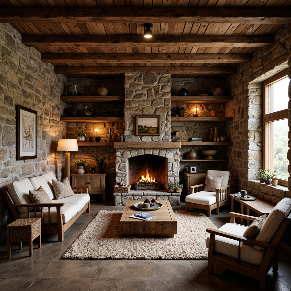 Prompt: Rustic cabin, natural stone walls, reclaimed wood accents, wooden beam ceilings, earthy color palette, distressed wood furniture, vintage metal decor, woven textiles, plush area rugs, warm candle lighting, soft warm shadows, 1/1 composition, realistic textures, ambient occlusion.