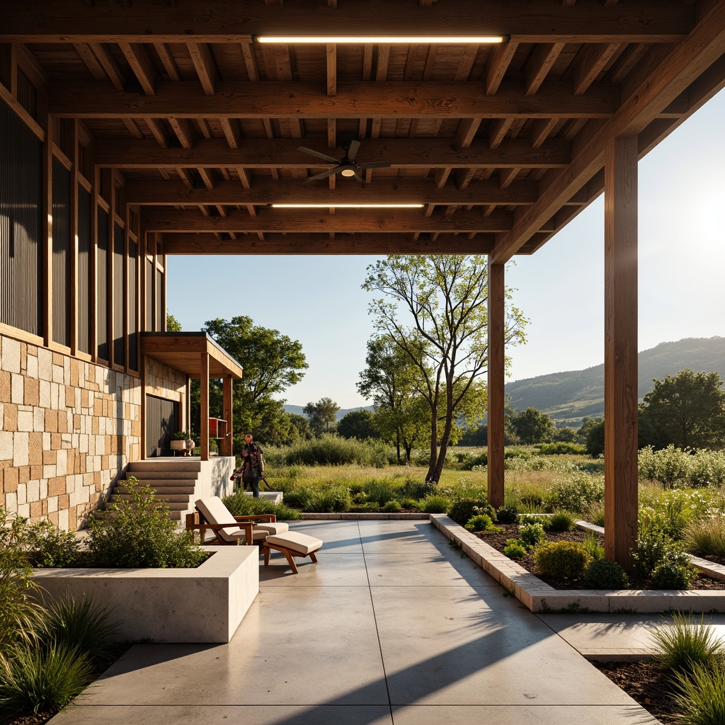 Prompt: Rustic farmhouse, reclaimed wood accents, natural stone walls, earthy color palette, exposed concrete floors, metal roofing, industrial-style lighting, organic garden plots, wildflower fields, rolling hills, sunny afternoon, warm golden light, shallow depth of field, 1/1 composition, realistic textures, ambient occlusion.