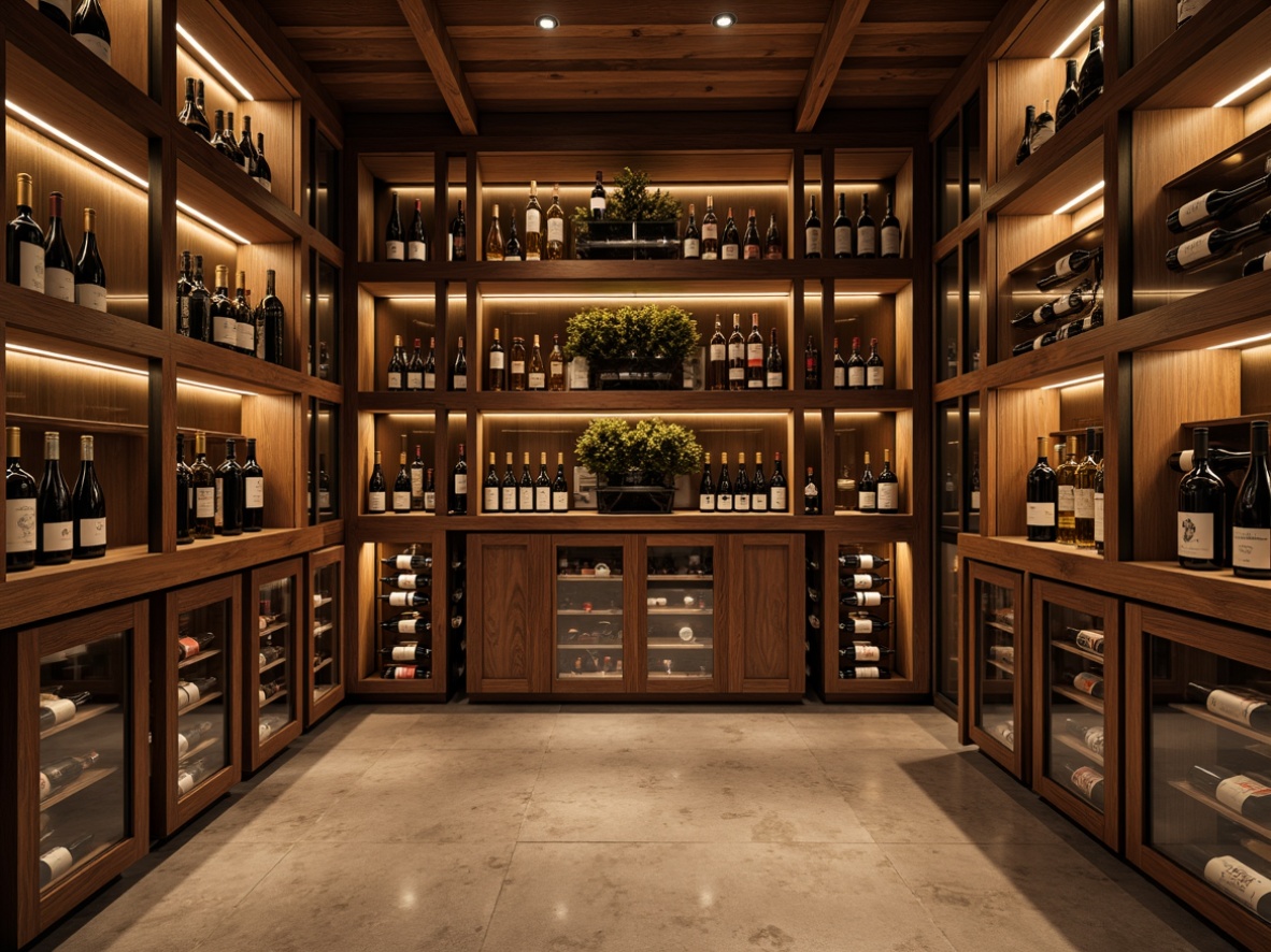 Prompt: Luxurious wine cellar, rich wood tones, elegant LED lighting, climate-controlled environment, premium glass doors, modern minimalist shelving, sleek metal frames, precision-cut wooden racks, spacious storage capacity, wine bottle grooves, label-forward display, subtle ambient glow, soft warm illumination, 1/1 composition, realistic reflections, detailed textures.