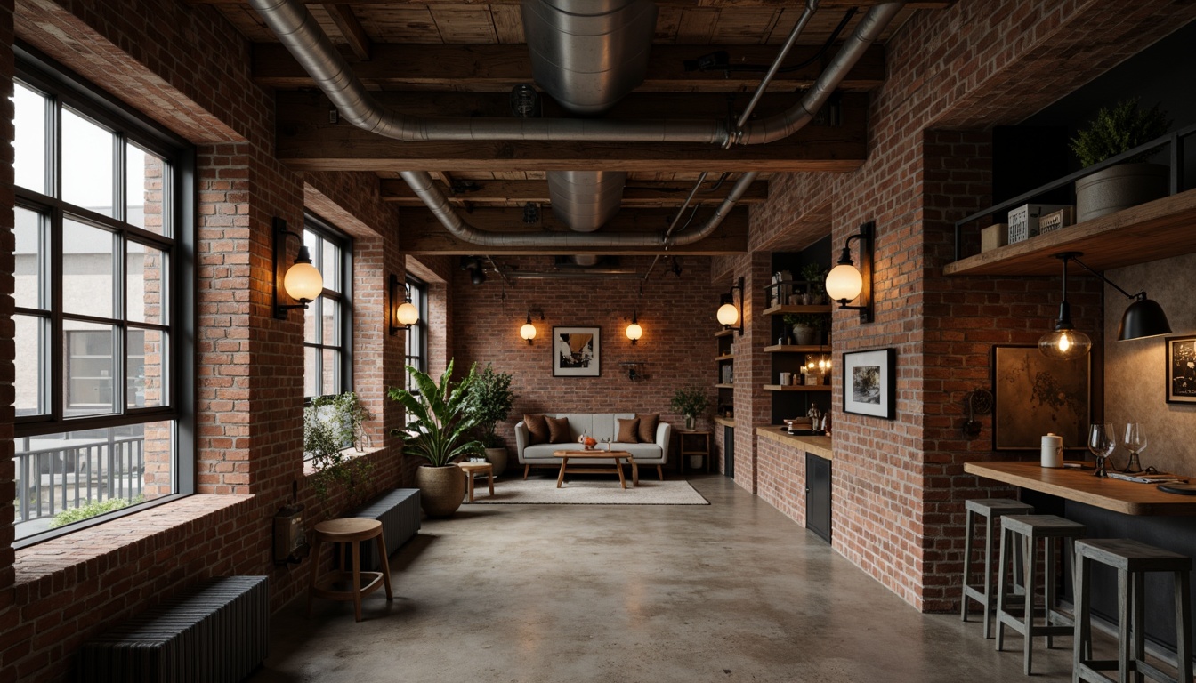 Prompt: Exposed ductwork, reclaimed wood accents, metal beams, industrial-chic lighting fixtures, Edison bulbs, pendant lamps, metal shades, rustic sconces, distressed finishes, urban loft atmosphere, concrete floors, brick walls, modern minimalist decor, neutral color palette, warm ambient glow, softbox lighting, 1/2 composition, cinematic lighting, dramatic shadows, high-contrast ratios.