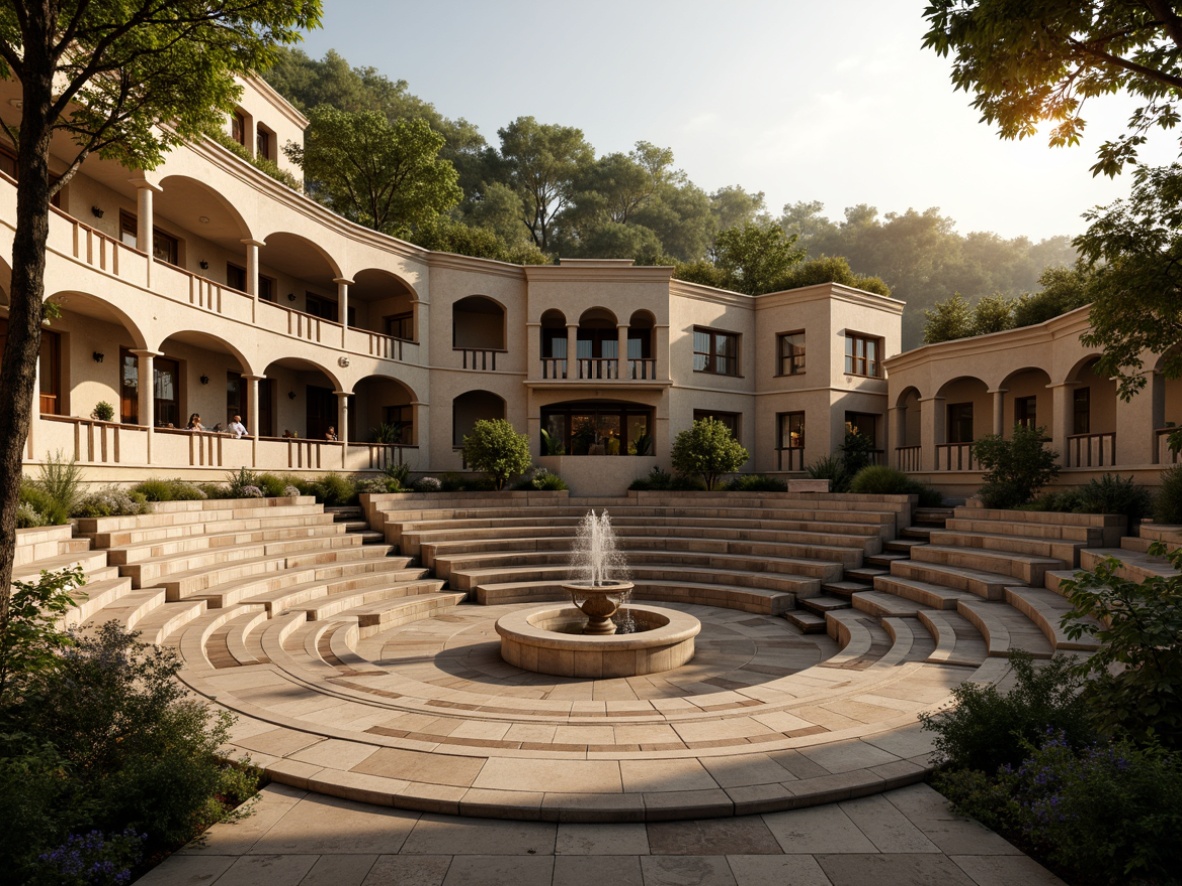 Prompt: Renaissance-style amphitheater, curved stone seating, ornate balconies, decorative arches, grandiose scale, lavish fountains, lush greenery, warm golden lighting, afternoon sunbeams, soft diffused shadows, 3/4 composition, symmetrical layout, realistic textures, ambient occlusion, intricate acoustic panels, sound-absorbing materials, optimized reverberation time, clear audio clarity, immersive audience experience.