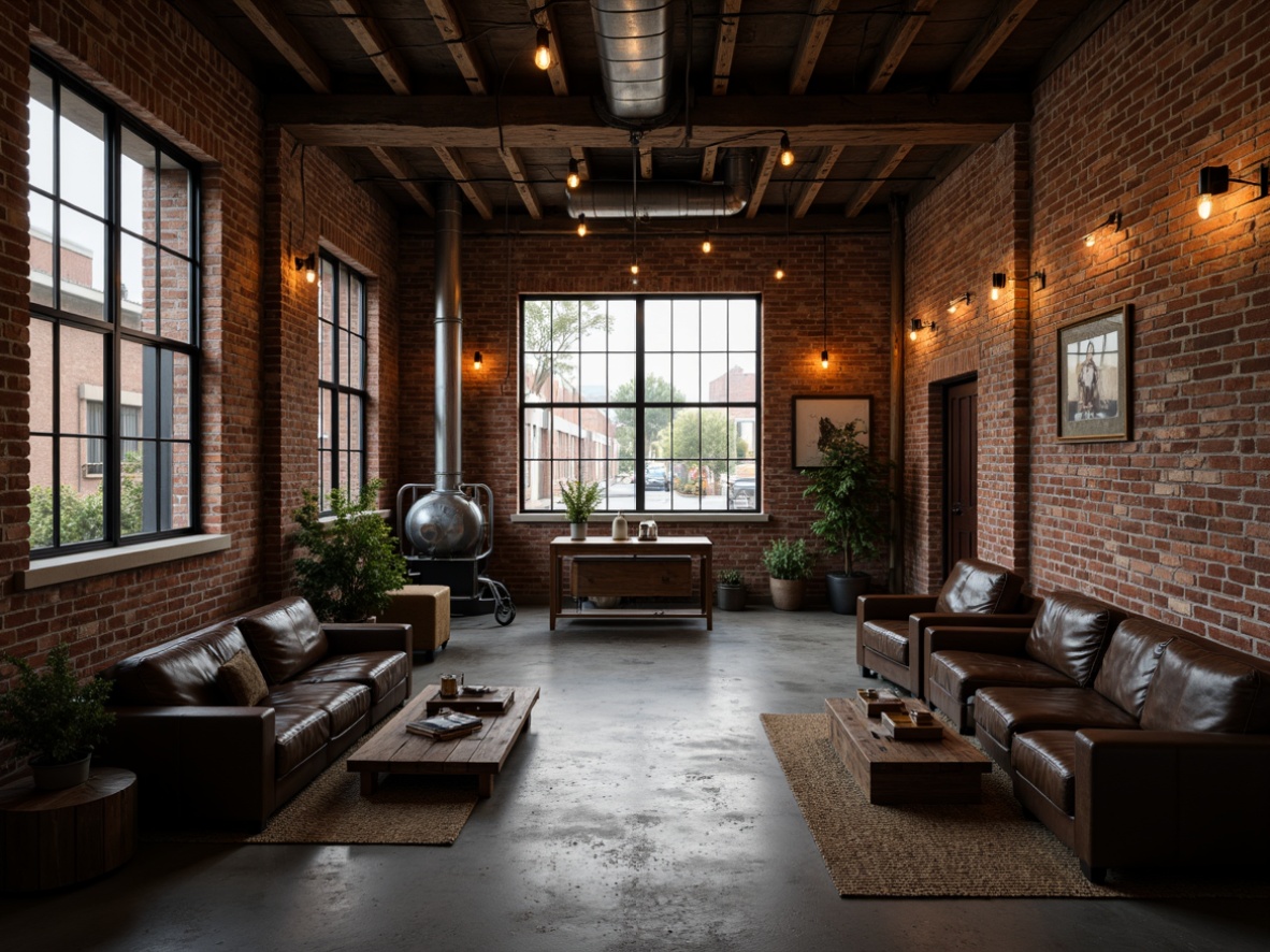 Prompt: Exposed brick walls, industrial chic decor, reclaimed wood accents, metal beams, concrete floors, urban loft atmosphere, functional minimalism, distressed textures, vintage machinery, Edison bulb lighting, moody color palette, atmospheric shadows, cinematic composition, 1/1 aspect ratio, high contrast ratio, realistic reflections, ambient occlusion.