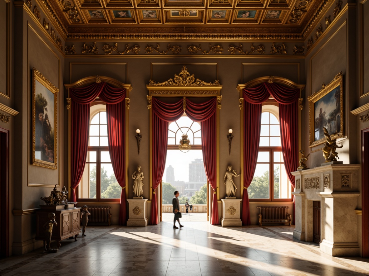 Prompt: Grand museum entrance, ornate Baroque details, rich velvet drapes, gilded frames, marble floors, intricate stone carvings, high ceilings, natural light pouring in, warm golden lighting, soft focus blur, shallow depth of field, 2/3 composition, symmetrical architecture, Renaissance-inspired sculptures, luxurious textiles, ornamental patterns, subtle color palette, realistic material textures, ambient occlusion.