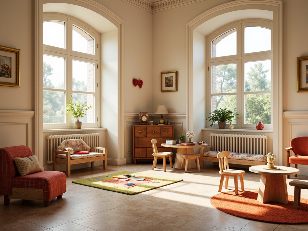 Prompt: Warm kindergarten interior, soft natural light, classic wooden furniture, vintage-inspired decorations, colorful woven textiles, plush cushions, traditional European-style architecture, ornate moldings, creamy white walls, warm beige floors, cozy reading nooks, circular tables, tiny chairs, educational toys, watercolor paintings, gentle color palette, soft focus, shallow depth of field, 1/1 composition, intimate atmosphere.